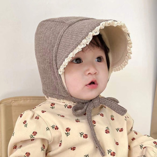 婴儿帽子秋冬季针织羊绒保暖加绒加厚大檐儿童遮阳帽女宝宝护耳帽
