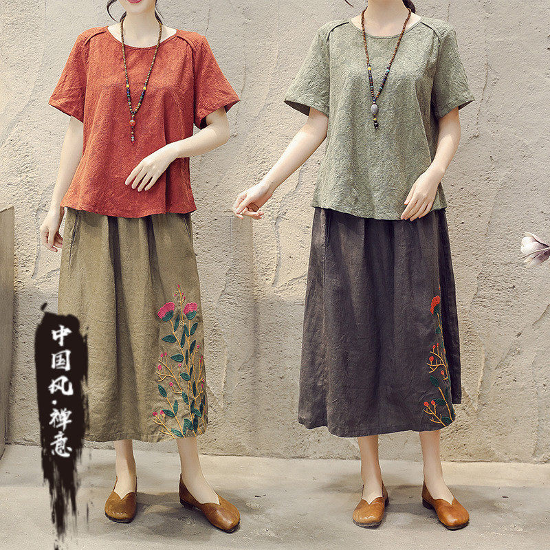 棉麻民族风文艺范超仙麻料套装夏季短袖裙子中国风禅意—民族服装