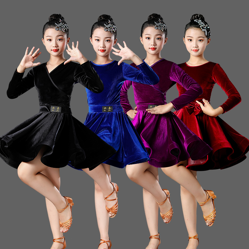 拉丁舞蹈服女儿童少儿考级比赛春秋南韩绒学生拉丁连衣裙练功服装