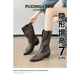牛皮版~复古西部牛仔靴女2025新款铆钉V口刺绣骑士靴尖头粗跟靴