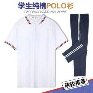 高中学生校服套装初中生白色POLO衫短袖男女翻领t恤学生班服