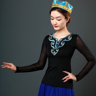 新款维吾族舞蹈演出服装新疆舞上衣修身民族舞练功服长袖蒙古舞服