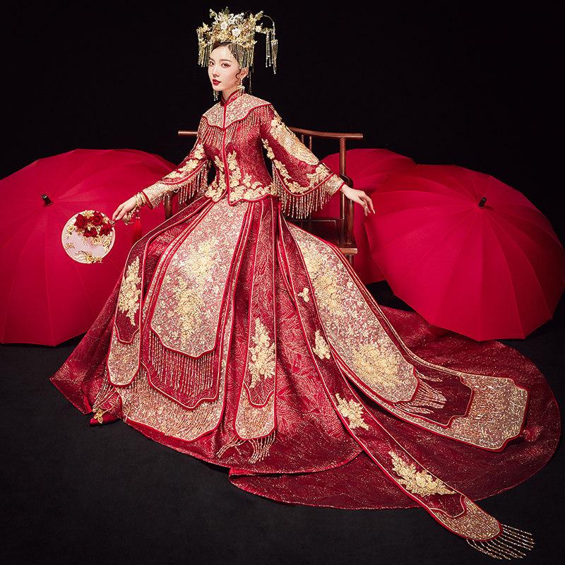 秀禾服新娘2021新款拖尾婚纱中式凤冠霞帔结婚礼服古装嫁衣女2020