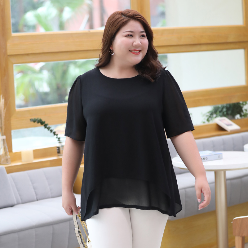 适合肚子胖的衣服加大码200斤雪纺衫女短袖夏装胖mm宽松显瘦上衣