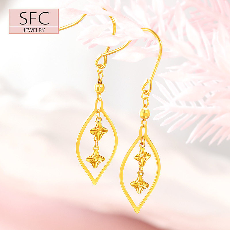 18k金耳环四叶草简约中长款彩金耳饰au750黄金耳钩叶子型性送女友