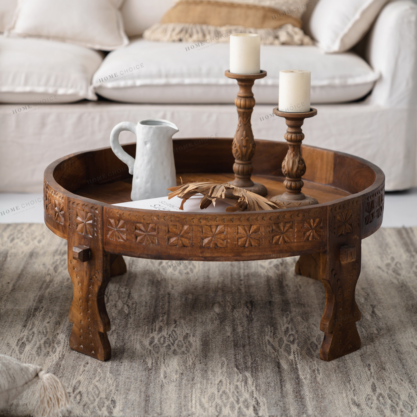 润家家居进口纯手工实木雕花茶几复古做旧摩洛哥风木制雕刻圆形边