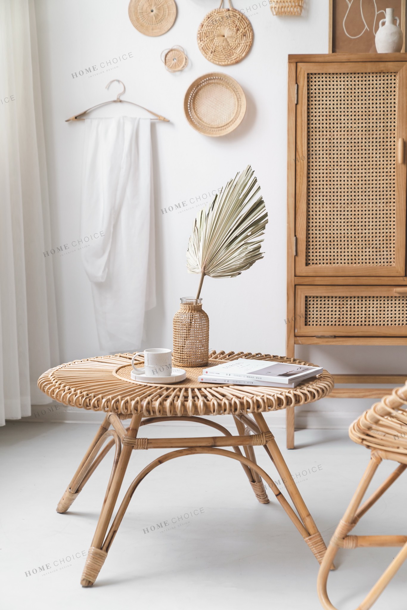 润家家居ins北欧日式手工编织茶几休闲客厅卧室藤编四脚圆桌边几