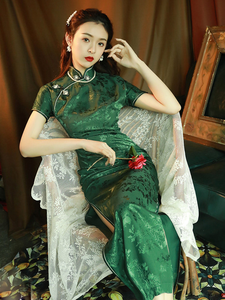 绿色旗袍复古中国风气质优雅长款显瘦日常可穿改良版连衣裙女夏季