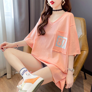 v领短袖t恤女2024夏季新款韩版设计感宽松体恤中长款开叉半袖上衣