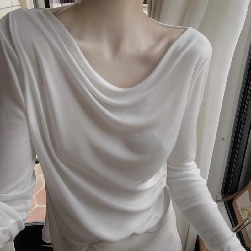 白色一字肩长袖t恤女2023春季新款设计感内搭打底衫宽松薄款上衣