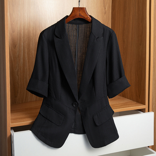黑色棉麻短袖小西装外套女士2024夏季新款小个子修身大码薄款上衣