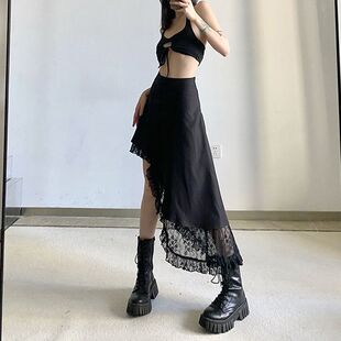 黑色拼接蕾丝半身裙女夏季新款设计感斜边不规则高腰气质A字裙子