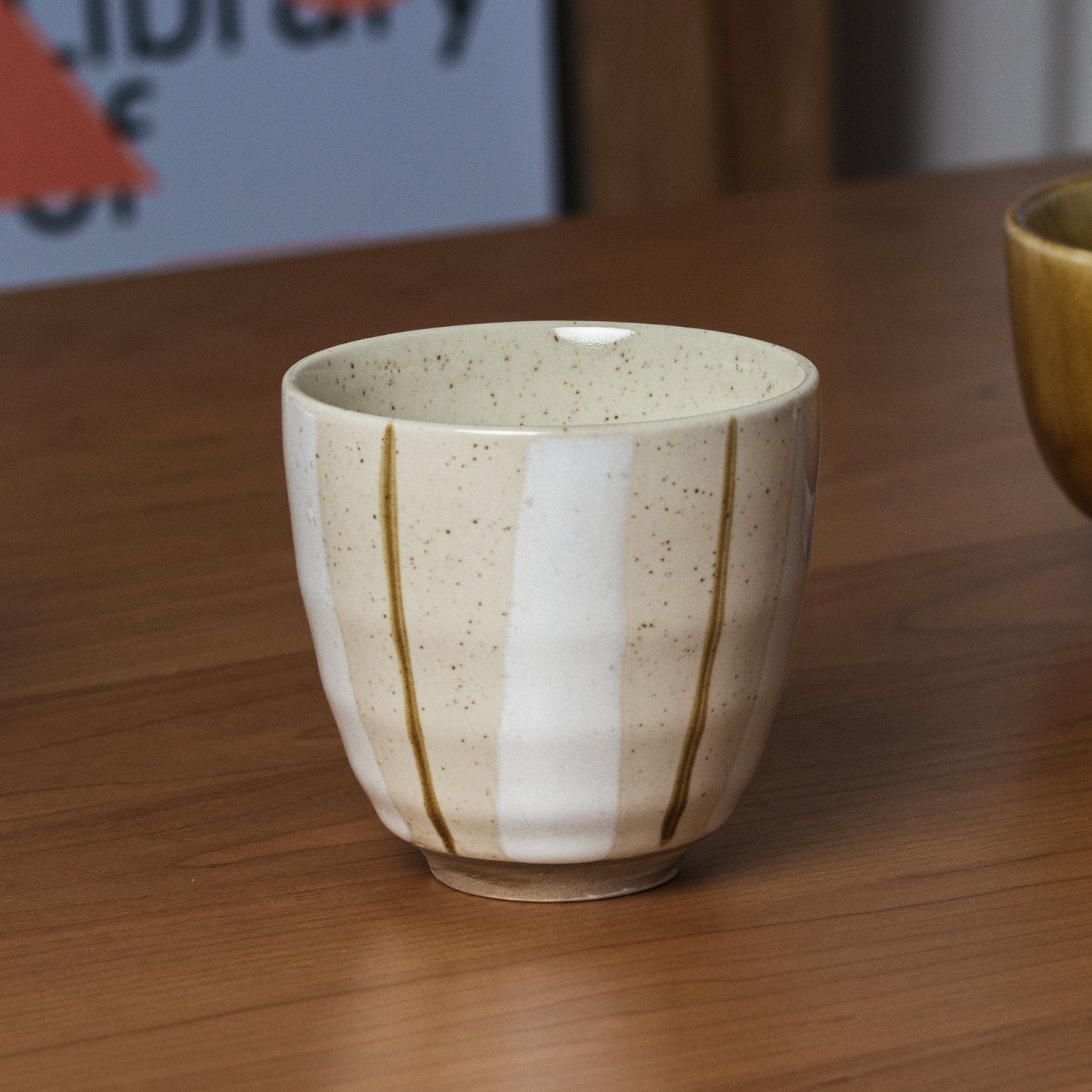 tatanara 日式茶杯复古手绘条纹米黄色 陶瓷汤吞无把手握水杯子