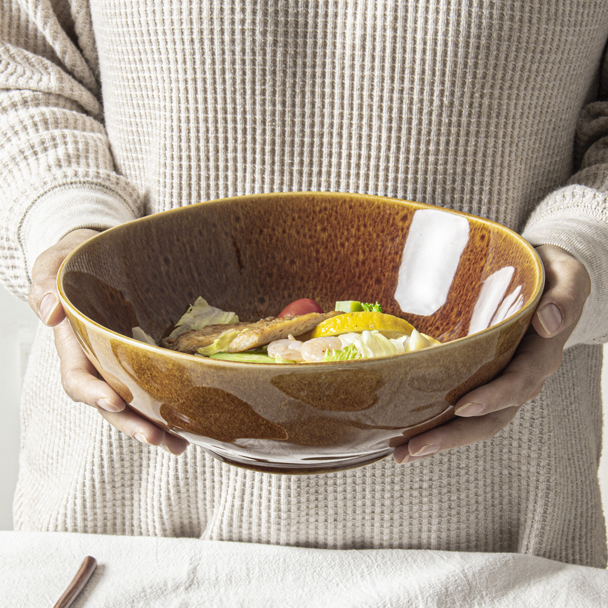 tatanara焦糖色不规则沙拉碗大容量复古手捏气泡纹理日式拉面汤碗