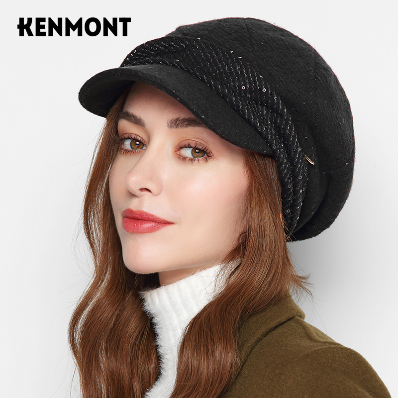 卡蒙帽子女春季时尚贝雷帽亮片可调节羊毛帽子抗寒保暖后托堆堆帽