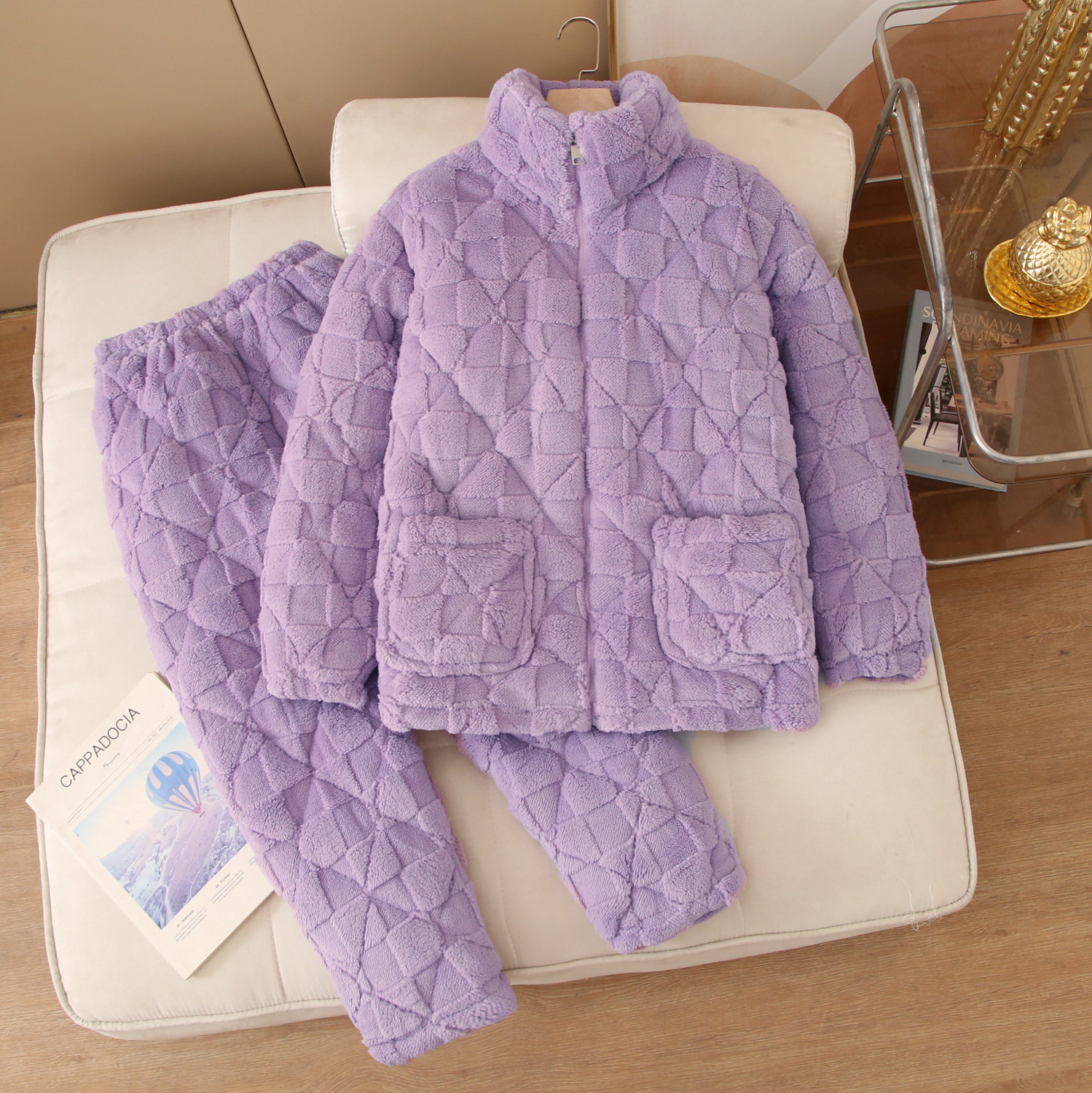 拉链款女士睡衣冬季珊瑚绒加厚加绒夹棉超厚可外穿家居服保暖套装