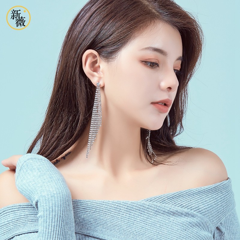 新薇流苏耳针女人造水钻长款新娘耳坠名媛夸张气质925银针耳环女