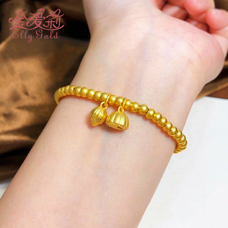 古法黄金手链女两世欢999足金传承莲蓬手镯纯金小金珠转运珠手串
