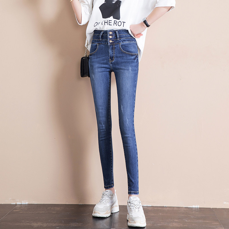 特价高腰牛仔裤女 九分裤 排扣