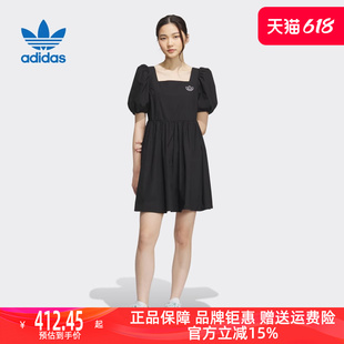 Adidas阿迪达斯2024春季新款女士三叶草方领灯笼袖连衣裙IP1771