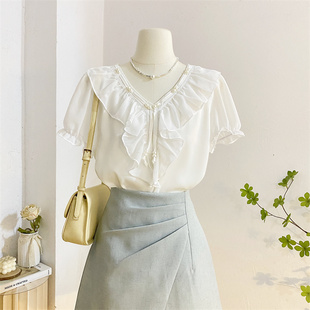 白色珍珠荷叶边V领雪纺衫短袖衬衫女夏季设计感套头气质小衫上衣