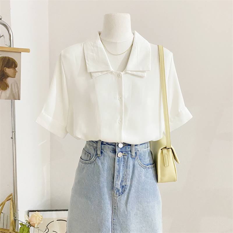 法式双层领纯色短袖衬衫女夏季设计感