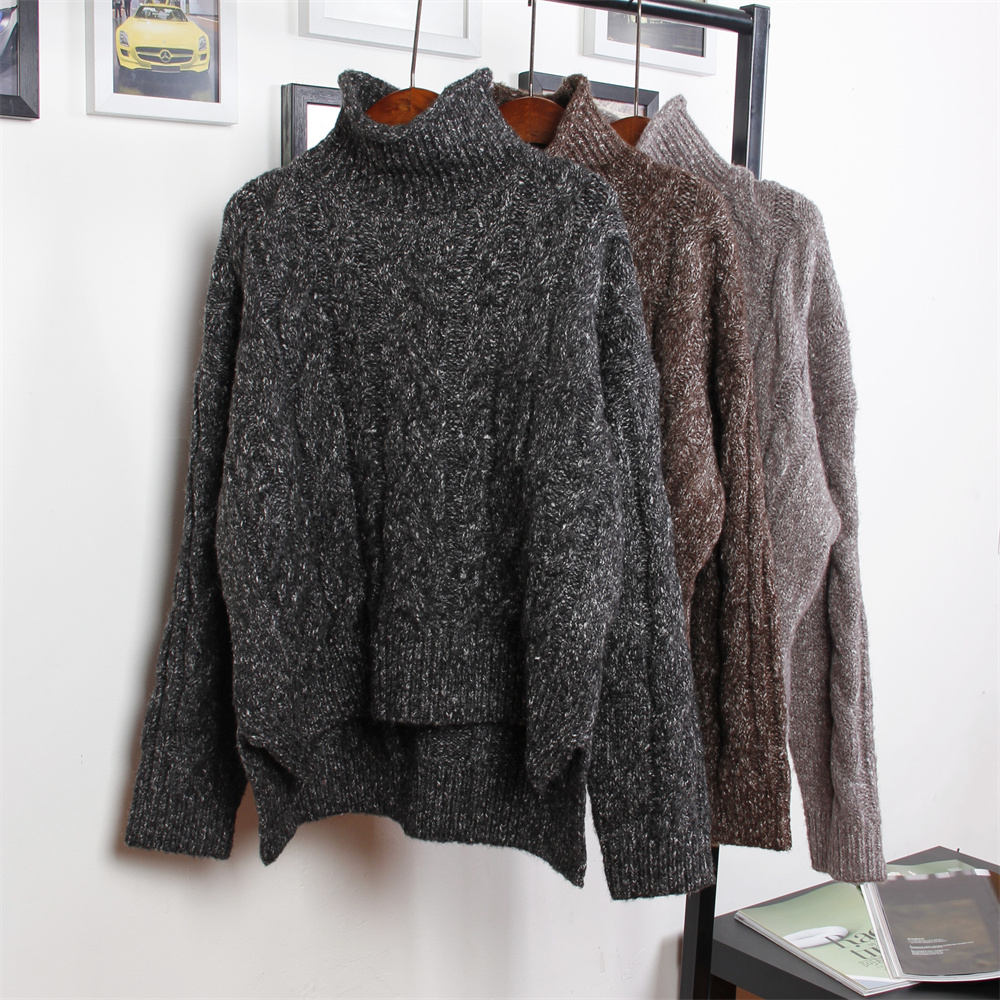 2021秋冬新款女装 套头宽松杂色高领粗毛线中长款加厚麻花毛衣女
