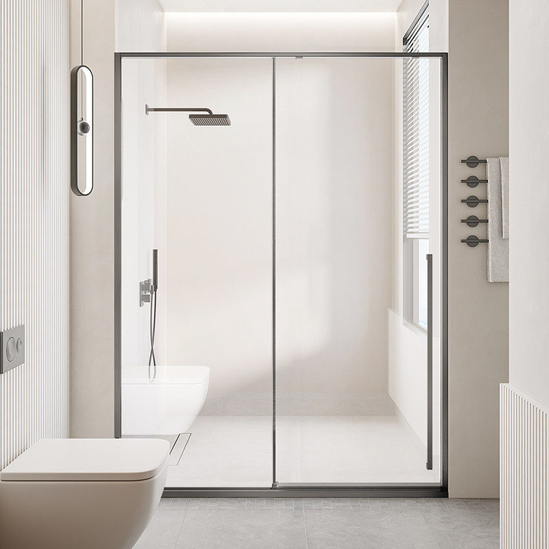 枪灰色缓冲淋浴房卫生间玻璃隔断一字型极简浴屏浴室干湿分离极窄 券
