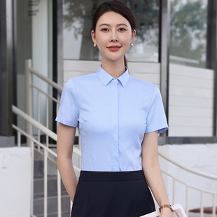 职业衬衫女士白底蓝色条纹衬衣翻领酒店银行工装前台工装大码短衬