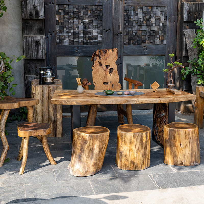香樟木原木茶台户外庭院茶几实木茶台多功能茶桌原生态阳台休闲桌