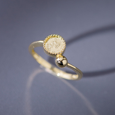 爱之家韩国纯14k金戒指女素金ins风雕像女王金球食指戒1430377