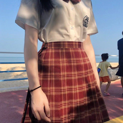 彩虹研究所苋红正统jk制服裙格子裙日系学生深红色酒红短裙百褶裙