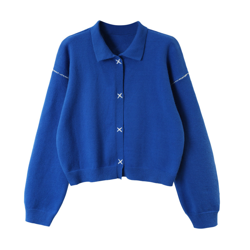 小宸家神仙蓝减龄小翻领巨显白宽松羊毛针织衫上衣女毛衣外套