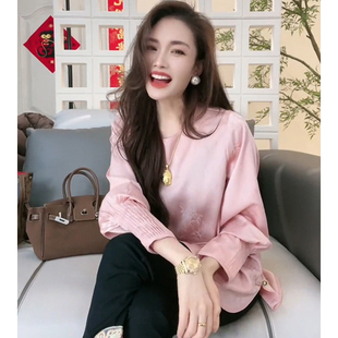 新中式女装粉色国风盘扣衬衫2024新款春夏款小个子洋气减龄上衣女