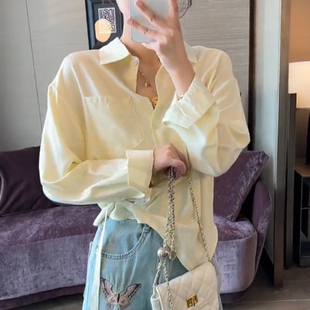 韩版休闲时尚百搭黄色设计感小众长袖衬衫宽松显瘦上衣女夏季新款