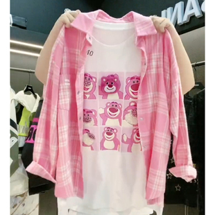 草莓熊九宫格减龄短袖T恤美式复古粉色格子长袖衬衫上衣夏季套装