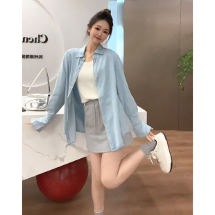 韩系穿搭蓝色衬衫外套女春季2024新款明星同款宽松休闲小个子上衣