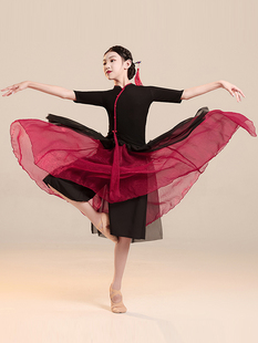 古典舞服装儿童旗袍飘逸舞蹈服女童中国风裙款黑色短袖纱衣演出服
