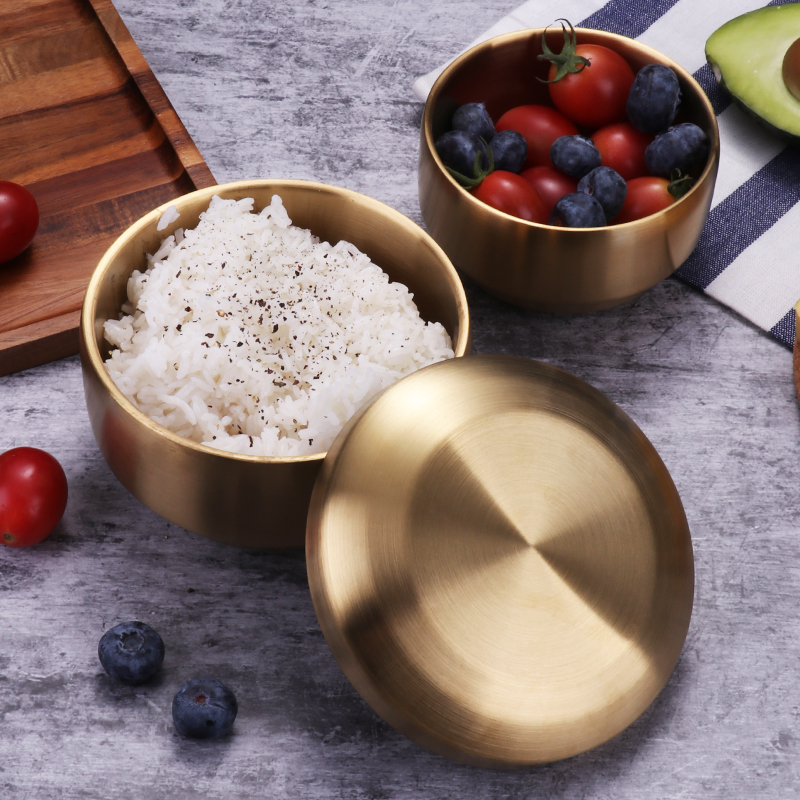 金色304韩式碗双层不锈钢米饭碗带盖碗韩式泡菜碗刻字刻字饭碗