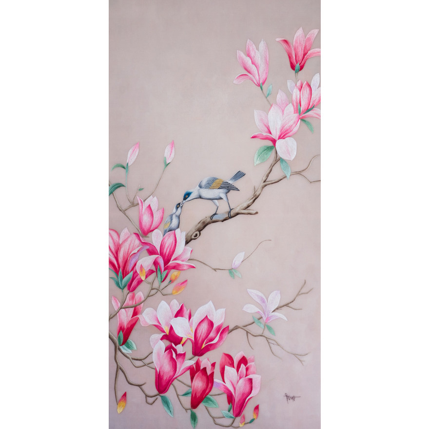 纯手工真丝 精品苏绣挂画《玉兰花鸟》刺绣