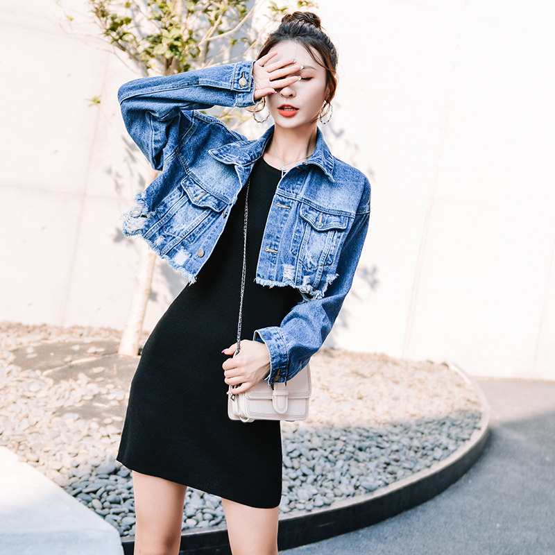高腰牛仔外套女短款秋季韩版破洞显瘦毛边港风复古怪味少女牛仔衣