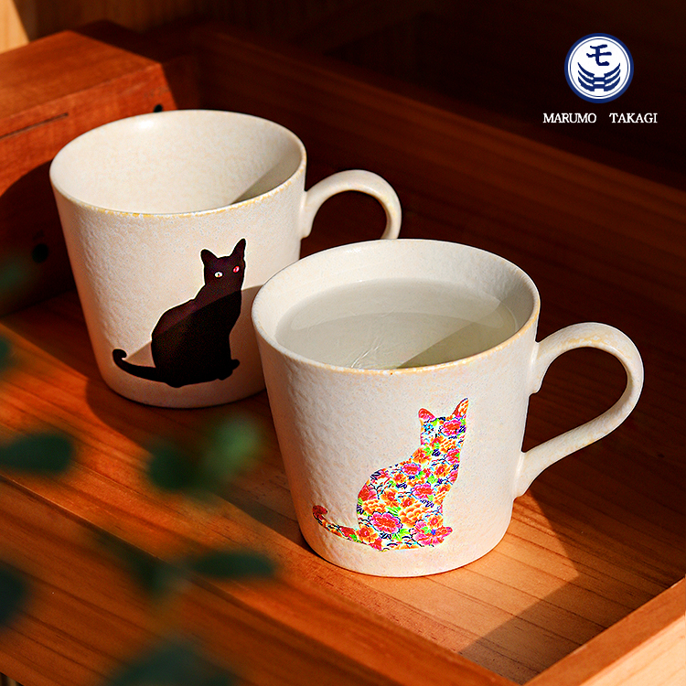 日本进口丸モ高木陶器猫咪咖啡杯 创意热感变色马克杯 情人节礼物