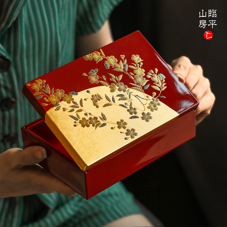 日本进口山中漆器首饰盒高档化妆盒子带镜子实用漆器创意结婚礼物