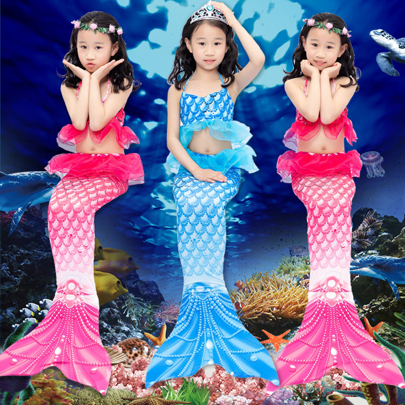 美人鱼儿童公主裙子游泳衣服四件套 女孩童美人鱼尾巴服装三件套