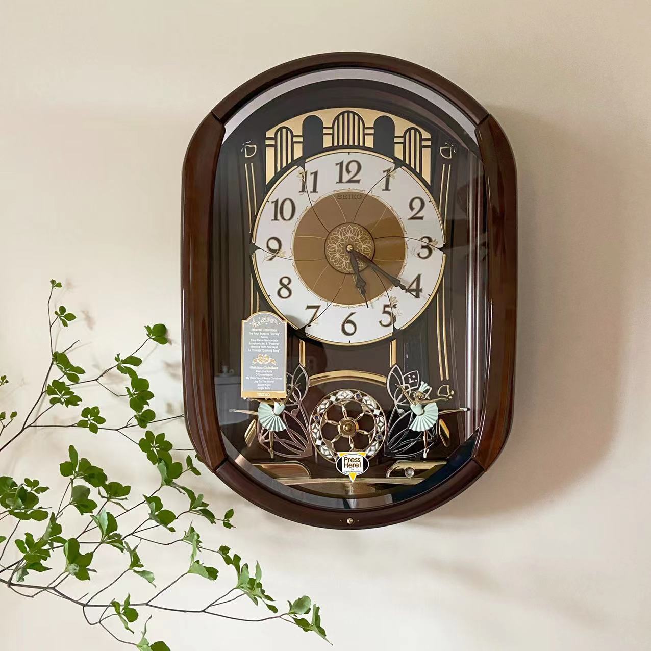 seiko日本精工高档田园花朵芯音乐挂钟客家居水晶动感静音钟表297