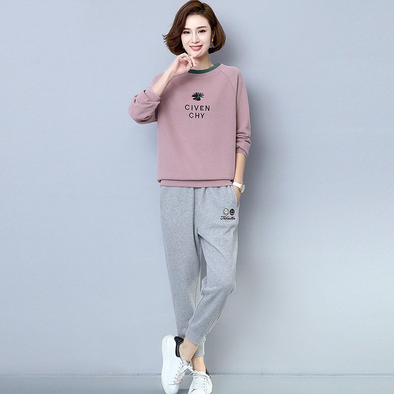 姿忆秀时尚休闲运动套头卫衣卫裤两件套套装女2021秋装新款简约