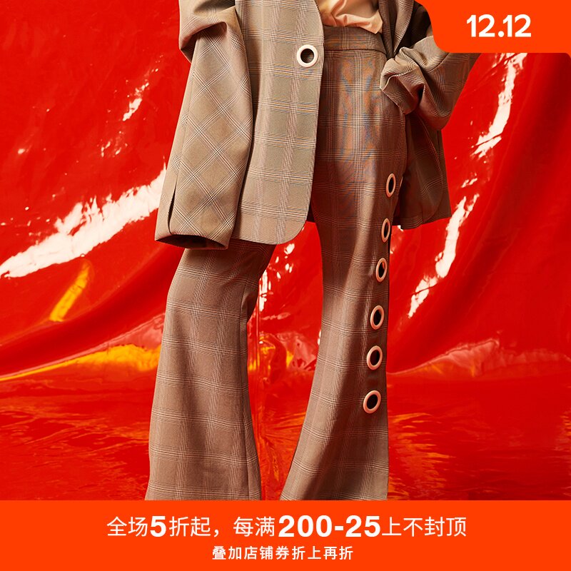 MASHAMA x LoFi原创设计师潮流休闲长裤格纹侧缝开叉显瘦喇叭裤女在类目 女装/女士精品, 裤子, 休闲裤中 - 来自Buy2taobao.com提供专业的淘宝代购服务