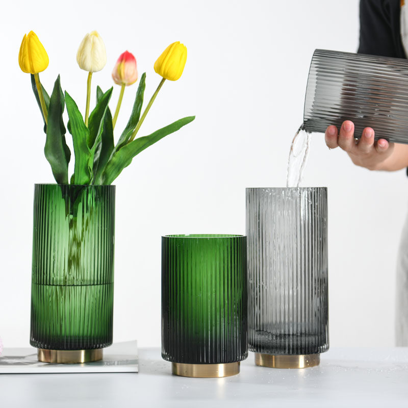 简约轻奢玻璃花瓶摆件鲜花瓶插花瓶绿色客厅宽口北欧插花水养创意