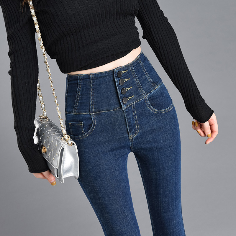 超高腰排扣牛仔裤女2022春新款紧身收腹显瘦小脚裤弹力修身铅笔裤