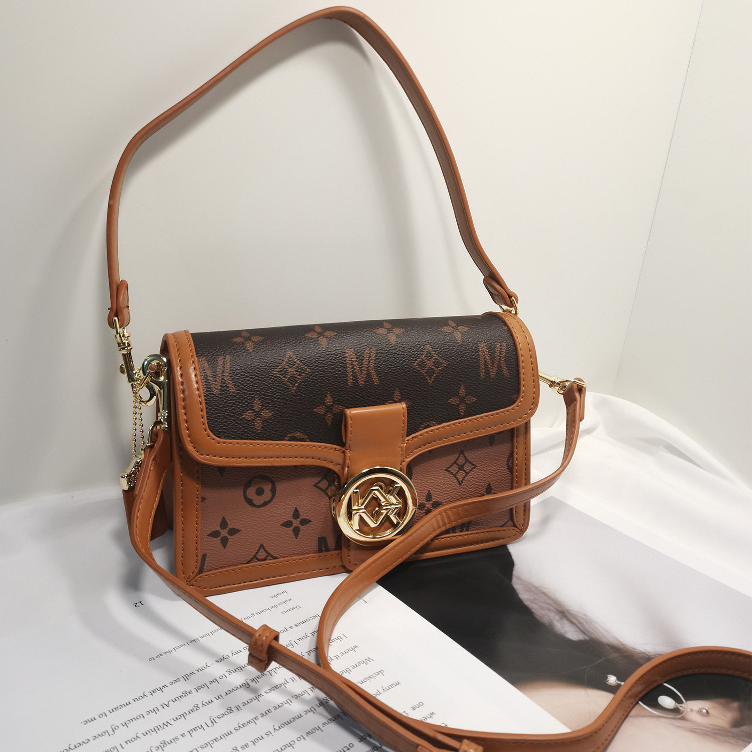 法国小mk老花复古撞色小方包女2021新款网红秋冬季百搭单肩斜挎包